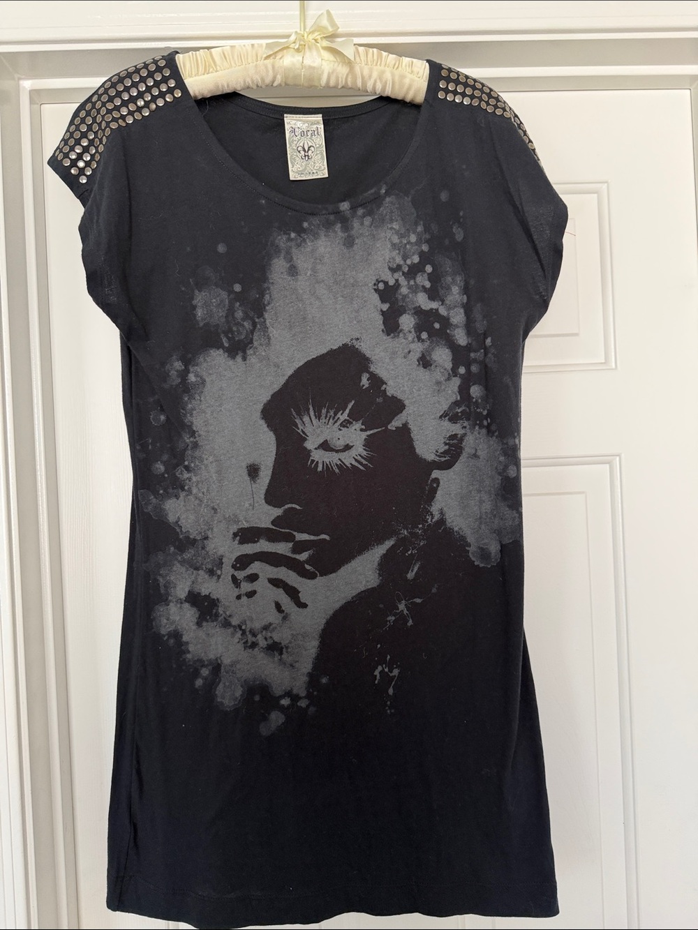 VOCAL New Black Graphic Silver Stud-Shoulder mini dress/ tunic, Size XL, 100%